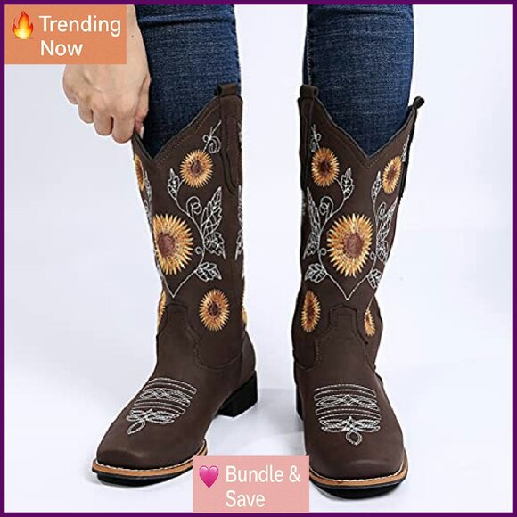 Women's Mid Calf Cowboy Boots Square Toe Low Heel Stitched Embroidery - Picture 3 of 8